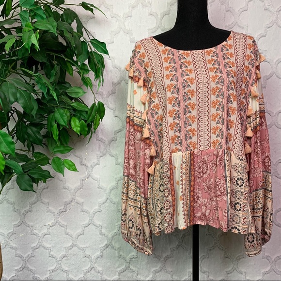 American Eagle Outfitters Tops - American Eagle Patchwork Tassel Peplum Blouse
